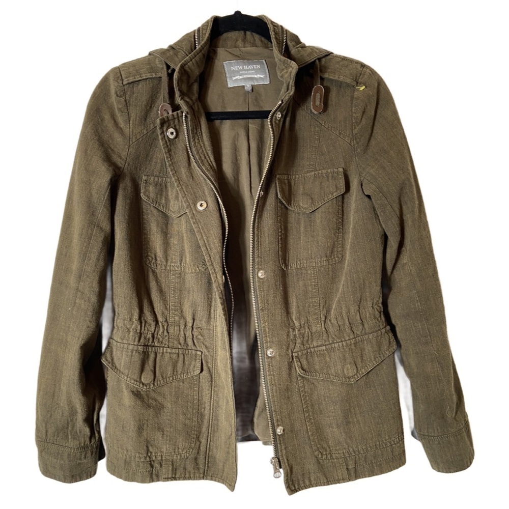 New Haven Supply Cotton Hooded Zip Front Chino Cargo Jacket Olive Small